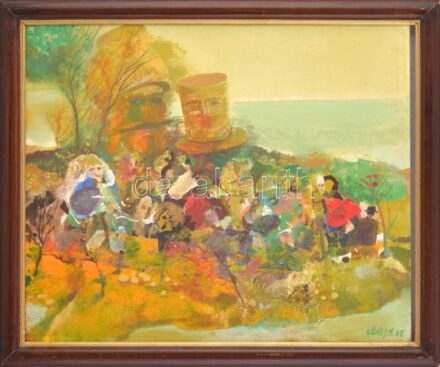Kádár János Miklós (1939-): Bolondok szigete. Olaj, farost, jelezve jobbra lent, hátoldalán autográf felirattal, fakeretben. 50×60 cm / oil on fibre board, signed lower right, with autograph description on the reverse, framed