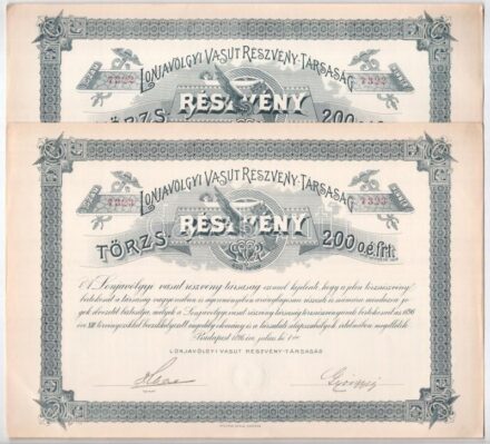 Budapest 1896. 'Lonjavölgyi Vasut Részvény-Társaság' törzsrészvénye 200Ft-ról (2x) sorszámkövetők '7322-7323', teljes szelvényutalványokkal, szárazpecséttel T:I- / Hungary / Budapest 1896. 'Railway Share Company of the Lonja Valley'