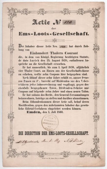 Német Birodalom / Emden 1860. 'Emsi Révkalauz Társaság' részvénye 100T-ról bélyegzéssel, '120' sorszámmal T:III fo./ German Empire / Emden 1860. 'Ems-Loots-Gesellschaft' share about 100 Thaler with stamping, with '120' serial number C:F