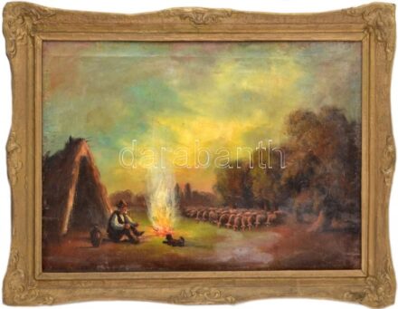 Jelzés nélkül: Pásztortűznél. Olaj, vászon, kissé sérült. Dekoratív fakeretben, 50×70 cm