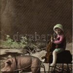 1914 Boldog Újévet / New Year greeting art postcard with child on a pig-drawn sled (b)