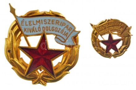 ~1960-1970. 'Élelmiszeripar Kiváló Dolgozója' aranyozott, zománcozott fém kitüntetés, miniatűrrel, dísztokban T:1-,2