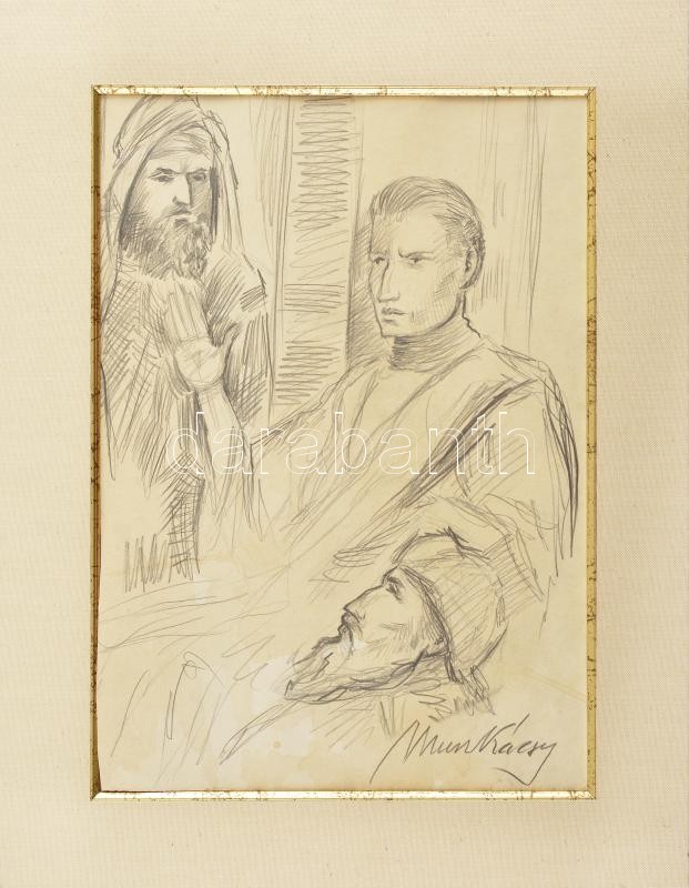 Munkácsy jelzéssel: Jelenet. Ceruza, papír. Paszpartuban. 33x24 cm