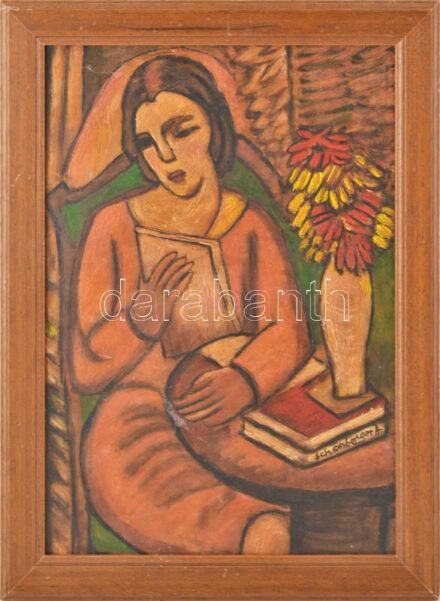 Schönberger jelzéssel: Olvasó nő. Olaj, farost. Fakeretben. 39,5x28 cm