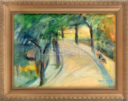 Márffy jelzéssel: Parkban. Akvarell, papír. Üvegezett, dekoratív fakeretben. 27,5x39,5 cm