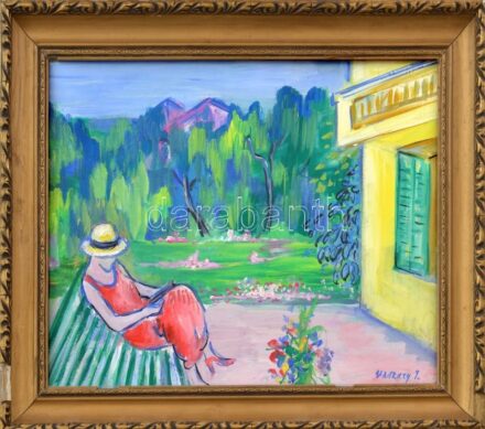 Vaszary jelzéssel: Kertben. Olaj, karton. Üvegezett, dekoratív, sérült fakeretben. 26,5x35 cm