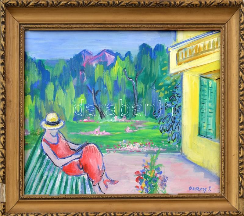 Vaszary jelzéssel: Kertben. Olaj, karton. Üvegezett, dekoratív, sérült fakeretben. 26,5x35 cm