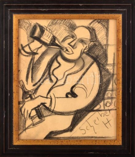 Scheiber H jelzéssel: Italozó. Szén, papír. Üvegezett, dekoratív, kissé sérült fakeretben. 36x29,5 cm