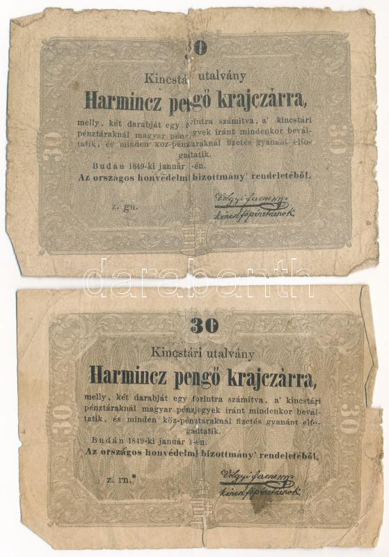 1849. 30kr 'Kossuth bankó' (2x) T:III- nagyobb szakadás, ragasztás Adamo G103