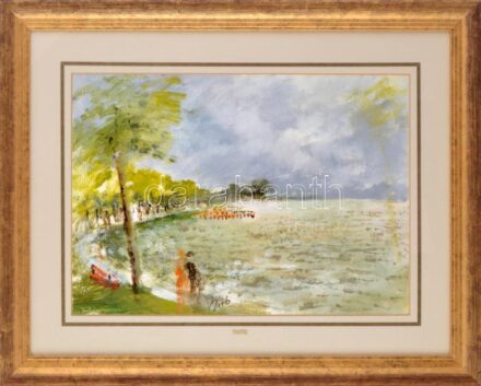 Forster Jakab (1946-): Balatonföldvár. Vegyes technika, papír. Jelzett. 45x59 cm. Dekoratív, üvegezett fakeretben.