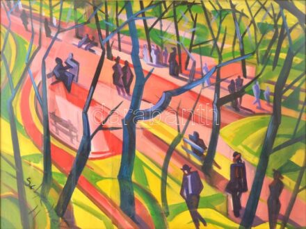 Scheiber H jelzéssel: Parkban. Tempera, papír. 59x78 cm. Üvegezett fakeretben.