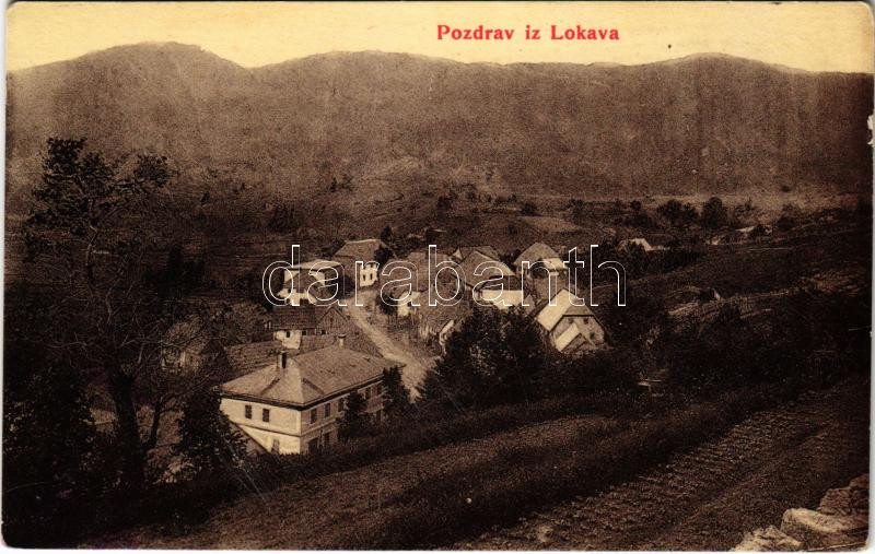 Lokve, Pozdrav iz Lokava; Hátoldalon Wágner a Hangszer-király reklám. J. Malnar kiadása / advertisement on the backside