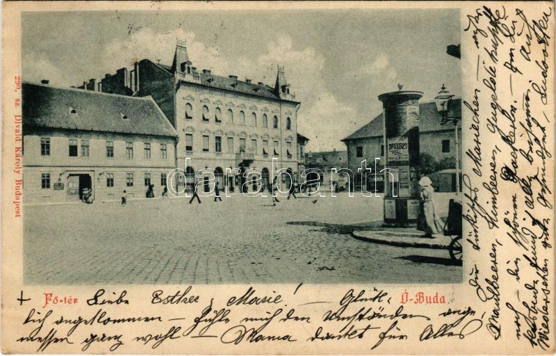 Budapest III. Óbuda, Fő tér, hirdetőoszlop Dreyfus reklámmal, villamos, üzletek. Divald Károly 290.