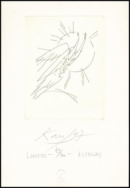 Kass János (1927-2010): Libertas, 1997. Rézkarc, papír, jelzett, számozott (49/100). 16,5×12,5 cm