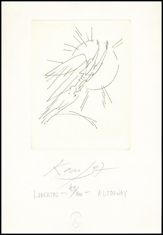 Kass János (1927-2010): Libertas, 1997. Rézkarc, papír, jelzett, számozott (49/100). 16,5×12,5 cm