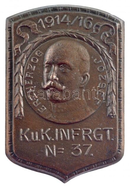 Osztrák-Magyar Monarchia 1916. 'K.u.K. INFRGT N 37. - Erzherzog József' bronz sapkajelvény 'ARKANZAS BP' gyártói jelzéssel (39x27mm) T:1- / Austro-Hungarian Monarchy 1916. 'K.u.K. INFRGT N 37. - Erzherzog József' bronze cap badge with
