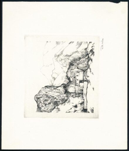 Rozanits Tibor (1931-): Hegyvidéki táj. Rézkarc, papír, jelzett. Lap széle kissé sérült, rézkarc ép. 11,5x12,5 cm