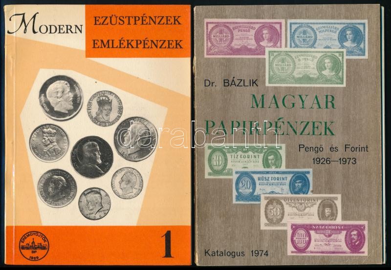 Dr. Bázlik László György: Magyar Papírpénzek - Pengő és Forint 1926-1973. Budapest 1974. + Juhász Andor: Modern ezüstpénzek, emlékpénzek. Budapesti Éremgyűjtők Egyesülete, Budapest, 1970. Használt állapotban, az egyik kötet