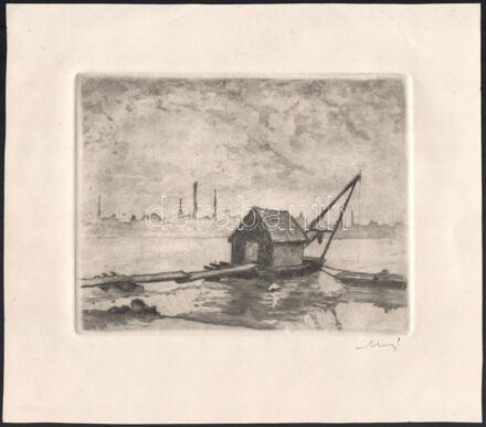 Moskál Tibor (1930-): Halászbárka a Dunán. Rézkarc, aquatinta, papír, jelzett, hátoldalán feliratozott, 15x19 cm