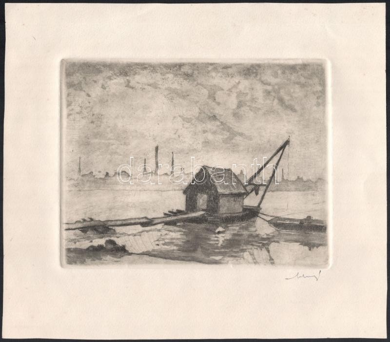 Moskál Tibor (1930-): Halászbárka a Dunán. Rézkarc, aquatinta, papír, jelzett, hátoldalán feliratozott, 15x19 cm