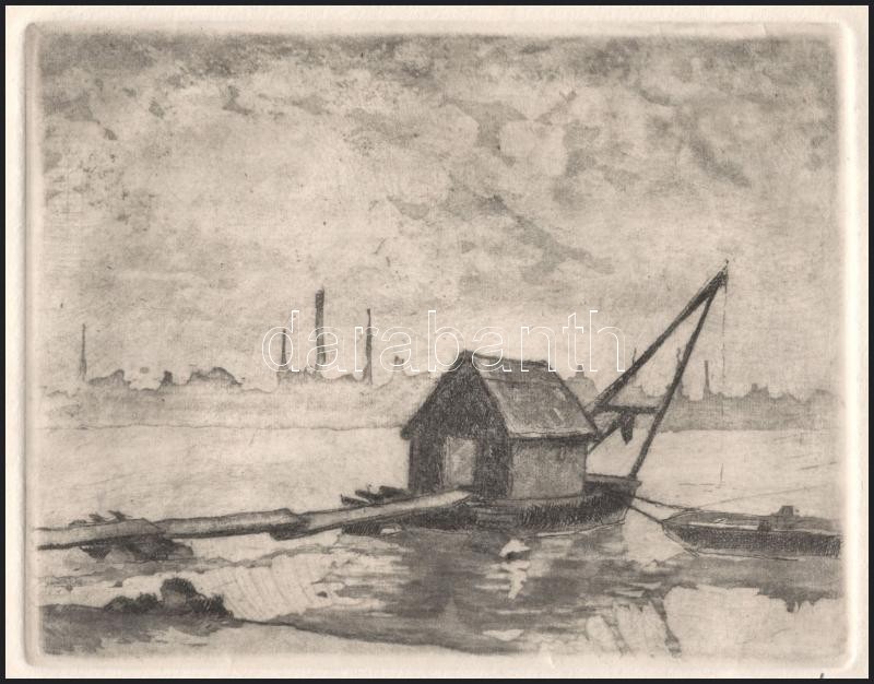 Moskál Tibor (1930-): Halászbárka a Dunán. Rézkarc, aquatinta, papír, jelzett, hátoldalán feliratozott, 15x19 cm - Image 2