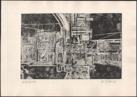 M. Tóth István (1922-?): Kohó üzem (?). Rézkarc, papír, jelzett, 19,5x29,5 cm