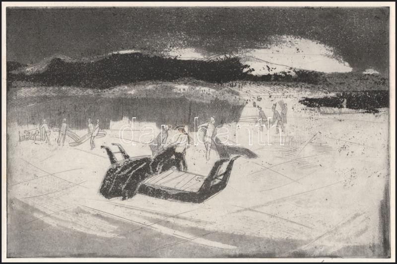 Áron Nagy Lajos (1913-1987): Nádvágók a Velencei-tónál. Rézkarc, papír, jelzett, 19,5x29,5 cm - Image 2