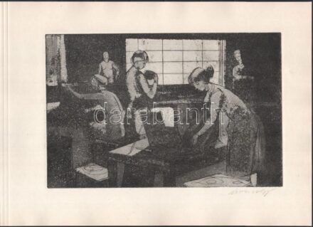Áron Nagy Lajos (1913-1987): Munkában. Rézkarc, papír, jelzett, 19,5x29,5 cm