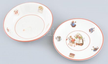 2 db Zsolnay mesés tálka. Kézzel festett, jelzett, kopott d: 15 cm