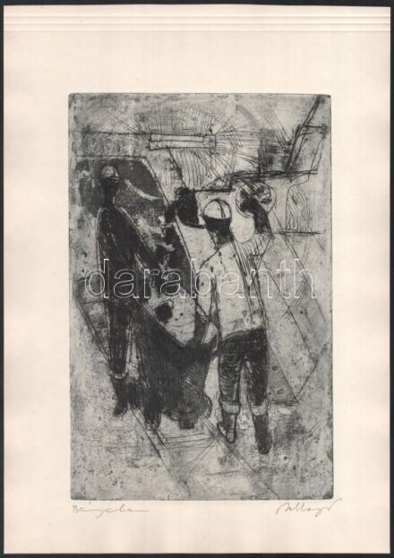 Olvashatatlan jelzéssel: Bányában. Rézkarc, papír, jelzett, 29,5x19 cm