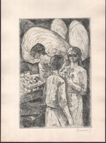 Francsics József (1925-1988): Lányok. Rézkarc, papír, jelzett, 29,5x19,5 cm