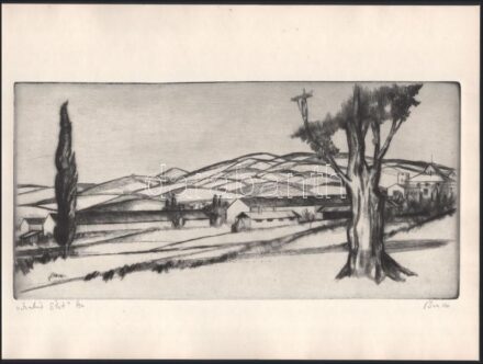 Bencze László (1907-1992): 'Szabad Élet' TSZ, Székesfehérvár. Rézkarc, papír, jelzett, 17x35,5 cm