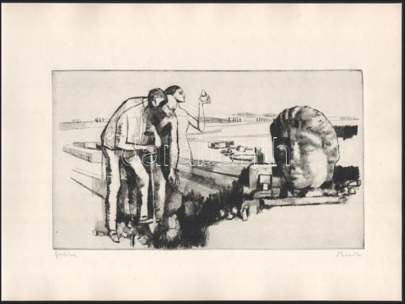 Benda Katalin (1939-): Gorsium. Rézkarc, papír, jelzett, 17x29,5 cm