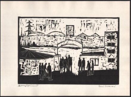 Olvashatatlan jelzéssel: Könnyűfémüzem. Fametszet, papír, jelzett, 20x30 cm