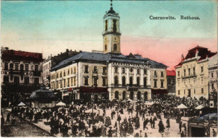 1918 Chernivtsi, Czernowitz, Cernauti, Csernyivci (Bukovina); Rathaus. Verlag A. Tennenbaum / town hall, market + 'Tábori Postahivatal 414'