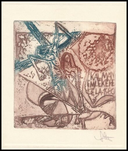 Stettner Béla (1928-1984): Kálmán emlékére. Színes rézkarc, papír, jelzett. 9,5x9 cm.