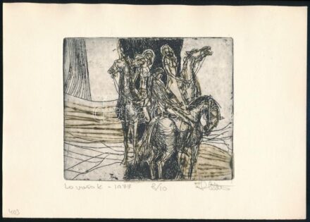 Stettner Béla (1928-1984): Lovasok, 1977. Rézkarc, papír, jelzett. Számozott (8/10). 10x11,5 cm.