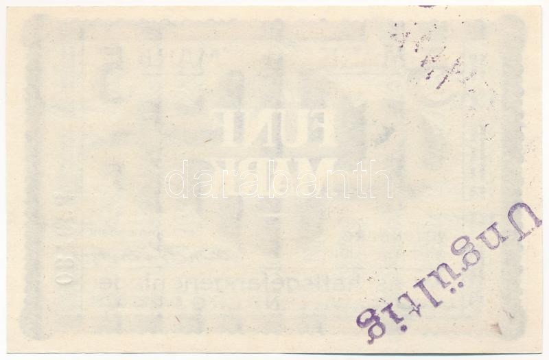 Németország / Wittenberg hadifogolytábor 1916. április 1. 5M '037604' sorszámmal vízjeles papíron, felülbélyegzéssel érvénytelenítve T:II Germany / Wittenberg POW Camp 1916. April 1. 5 Mark '037604' on watermarked paper, cancelled by - Image 2