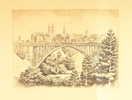 Füle Mihály (1914-2005): Veszprém. Vasúti híd, viadukt. Rézkarc, papír, jelzett, 29,5×38 cm Feltekerve