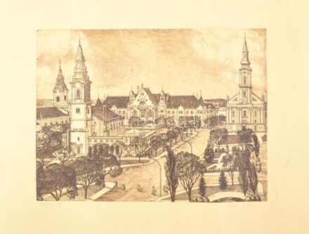 Kádas István (1941- ): Kecskemét belváros, rézkarc, papír, jelzett, 32×42 cm . Feltekerve