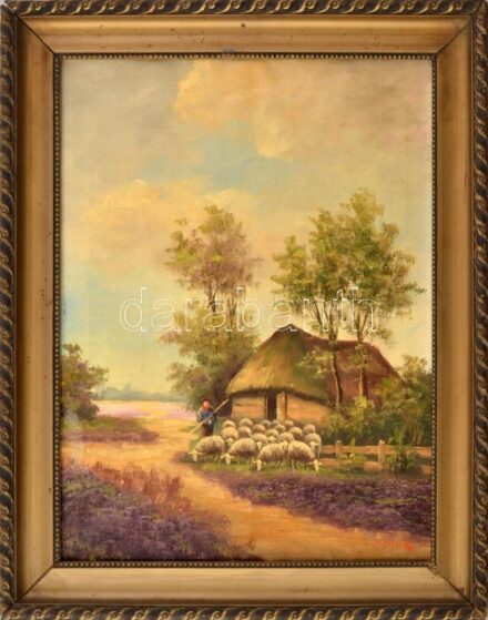 C Mak jelzéssel: Birkanyáj pásztorral. Olaj, vászon. Dekoratív fakeretben. 40x31 cm