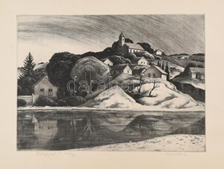 Novák Lajos (1927-1989): Folyópart II. Rézkarc, papír, jelzett, számozott (100/24). 29×39 cm