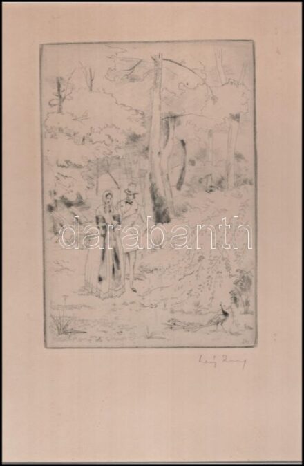 Láng Rudolf (1904-1991): Sétáló pár. Rézkarc, papír, jelzett, paszpartuban, 19,5×13,5 cm