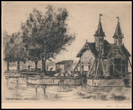 Moskál Tibor (1930-): Keszthely, 1961. Rézkarc, papír, jelzett, kartonra kasírozva, paszpartuban, 11x13,5 cm