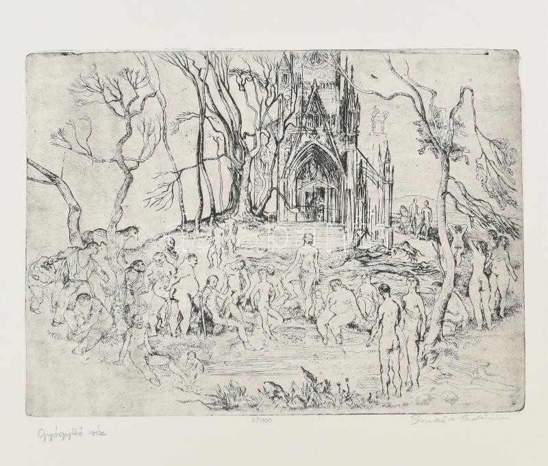 Szabó Vladimir (1905-1991): Gyógyító víz. Rézkarc, papír. Jelzett. Számozott (69/100). 22x30 cm