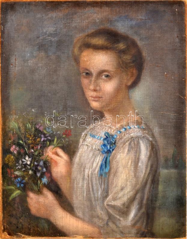 Hanély Antal (1824-1911): Lány virágokkal. Olaj, vászon. Jelzés nélkül. Kartonra kasírozva. Kissé sérült. 58x48 cm