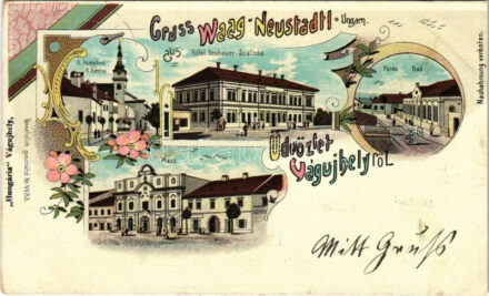 1900 Vágújhely, Neustadt an der Waag, Nové Mesto nad Váhom; K. Kirche, Bad, Markt / Római katolikus templom, Fürdő, Hotel Neubauer szálloda, Piac, üzletek. Hungaria kiadása / Catholic church, spa hall, hotel, market, shops. Art Nouveau,