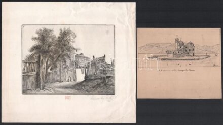 6 db vegyes kisgrafika és reprodukció, közte Kaveczky Zoltán (1897-1965) jelzett rézkarca, vegyes állapotban, 11x13 cm és 27x18 cm lapméret között