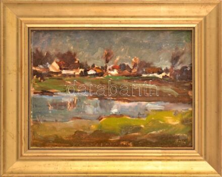 Balla Béla (1882-1965): Nagybánya környéki táj. Olaj, karton. Jelezve jobbra lent. Fakeretben. 25x35 cm / Béla Balla (1882-1965): Landscape around Baia Mare. Oil on board. Signed lower right. Framed