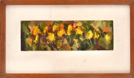 Kengyel Zoltán (1932-1989): Dáliák. Olaj, karton, jelzett a hátoldalán. Fakeretben.12x35,5 cm